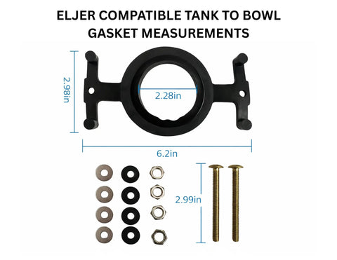 Heavy Duty Tank To Bowl Gasket Seal Kit Compatible With Eljer 043817 measurements showing black rubber gasket and brass bolts.