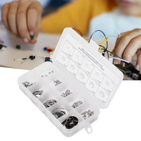 120Pcs E Clip Ring Set 1.5mm To 10mm Stainless Steel External Retaining Rings Circlip Assortment Kit, transparent case on table