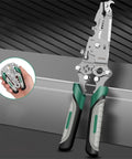 Straight-Up Tough 18-In-1 Folding Wire Stripper And No-Fuss Multifunction Crimping Tool With Integrated Voltage Tester For Automotive Repair And Electrical Jobs Featuring Soft Touch Grips in hand.