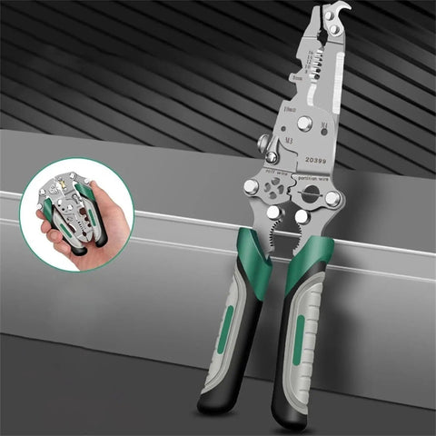 Straight-Up Tough 18-In-1 Folding Wire Stripper And No-Fuss Multifunction Crimping Tool With Integrated Voltage Tester For Automotive Repair And Electrical Jobs Featuring Soft Touch Grips in hand.
