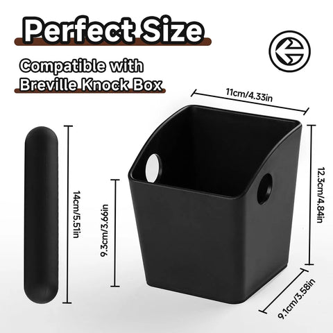 Dimensions of espresso knock box with large capacity for fast grounds disposal, durable shock absorbing puck bin