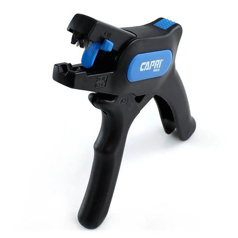Automatic Wire Stripper And Cutter With Narrow Profile For Tight Spaces, Self Adjusting Blades For 24-10 AWG, shown in black and blue