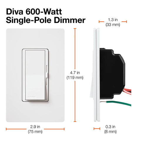 Diva Dimmer Switch For Incandescent And Halogen Bulbs 600 Watt Single Pole DV 600P WH White Finish front and side view