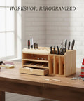 Wooden Tool Organizer Box with Divided Compartments and Vertical Tool Slots on Workshop Bench for Quick Access