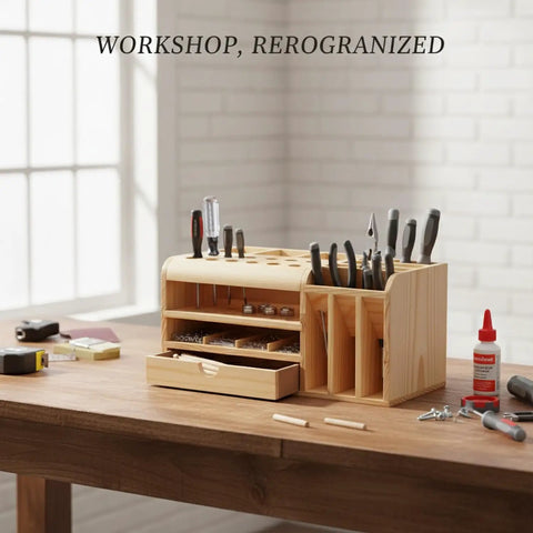 Wooden Tool Organizer Box with Divided Compartments and Vertical Tool Slots on Workshop Bench for Quick Access