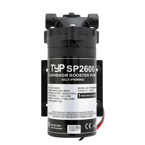 Kickstart Pure Water No Fuss Self Priming RO Booster Pump 100 GPD Systems. Compact diaphragm pump with specs visible.
