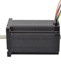 NEMA 24 stepper motor with dual 8mm shafts, black metal body and 8-wire cable.