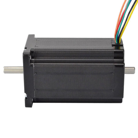 NEMA 24 stepper motor with dual 8mm shafts, black metal body and 8-wire cable.