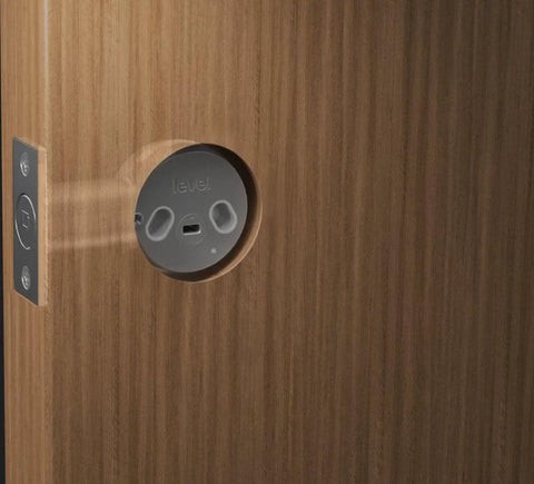 Top Shelf Smart Deadbolt With Bluetooth And WiFi Electronic Lock installed on wooden door, showcasing electronic lock housing.