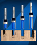 Workhorse Pro Grade Flush Trim Router Bit Set Four Piece One Quarter Inch Shank Carbide Tipped Premium Alloy for knockouts in woodworking.