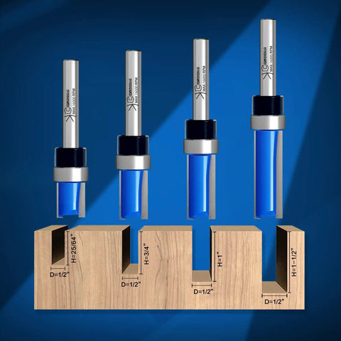 Workhorse Pro Grade Flush Trim Router Bit Set Four Piece One Quarter Inch Shank Carbide Tipped Premium Alloy for knockouts in woodworking.