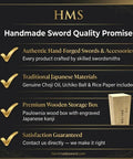 Infographic highlighting handmade sword quality promise, featuring traditional Japanese materials and premium storage box.