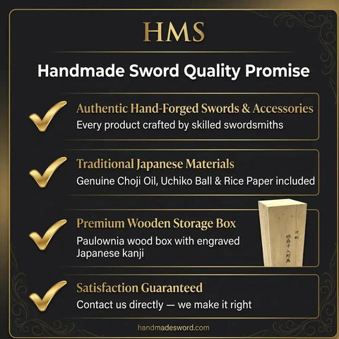 Infographic highlighting handmade sword quality promise, featuring traditional Japanese materials and premium storage box.