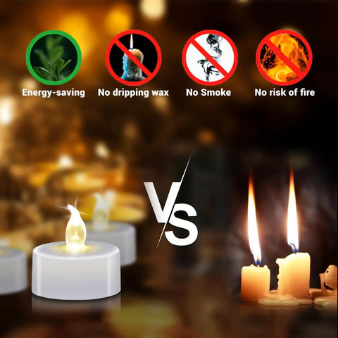 Comparison of LED Tea Lights With Batteries 24 Pack For Romantic Evenings And Home Decor with traditional candles shown