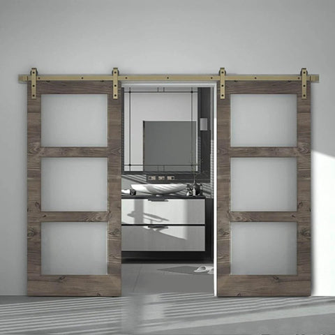 Installed 13 Foot Classic Brass Sliding Barn Door Hardware Kit For Interior Double Doors In Brushed Gold Finish