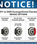 Brake options chart for 2011 to 2020 Jeep Grand Cherokee and Dodge Durango featuring various rotor types and packages.