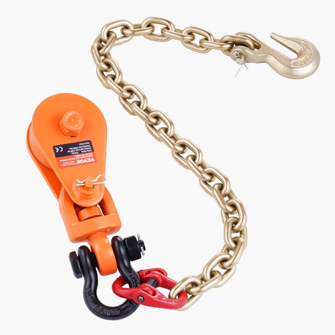 Beefed-Up 2-Ton Snatch Block With G80 Chain And Swivel Shackle, 3 Inch Sheave For 3/8 Inch Wire Rope, Heavy Duty Pulley For Towing And Recovery On Flatbed Tow Trucks Rollbacks And Wreckers shown with chain and hook