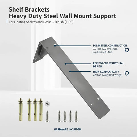 Heavy Duty Steel Shelf Bracket For Floating Shelves And Wall Mounted Desks with screws, grey steel, high-load capacity
