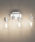 Three Light Industrial Style Bathroom Vanity Fixture in Stainless Steel Chrome Finish with Clear Glass Shades