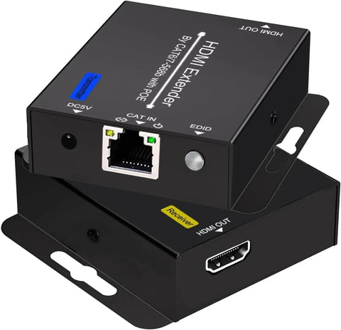 Huge 200 Foot Hdm Extender Over Cat6 Cat7 Ethernet Cable That Lets You Hook Up Your Pc Ps4 Roku Or Computer To Any Screen With Full 1080P HD Video And Audio Deep Color Support Plus Edid Copy For Seamless Connection Without Signal Loss. HDMI extender unit with ports for CAT input and HDMI output.