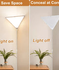 Triangle Corner Light With Switch, Plug In Ceiling Lamp for Dark Corners, Space Saving White Acrylic, light on and off view