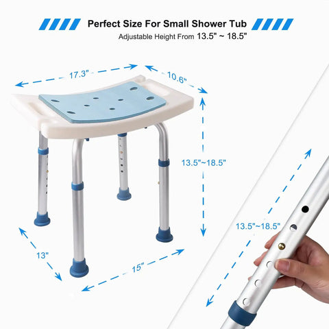 Shower Stool With Head Holder For Inside Shower And Tub, Bath Chair With Adjustable Height From 13.5 To 18.5 Inches, tool-free setup