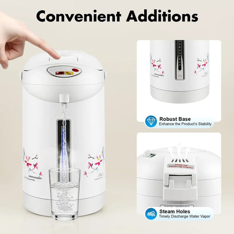 Heavy Duty Three Liter Hot Water Dispenser with auto pour feature and robust base for crew hangouts and desk area.