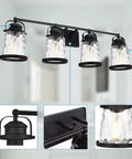 Four Light Farmhouse Vanity Lights With Rustic Wall Sconces and Hammered Glass Shades mounted in bathroom.