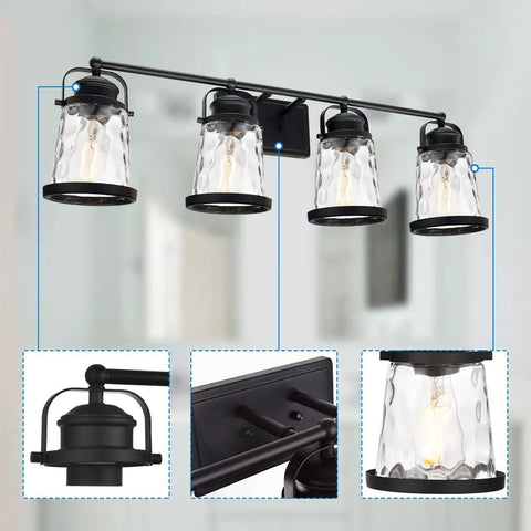 Four Light Farmhouse Vanity Lights With Rustic Wall Sconces and Hammered Glass Shades mounted in bathroom.