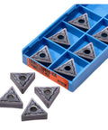 Check Out These 10 Pc Indexable Carbide Lathe Tools With Tough TNMG160408 Inserts And A Super Sharp Edge That Rocks On Stainless Steel Plus Heavy Duty Hard Alloy Turning Blades For All Your Metal Fabrication Jobs. Display of TNMG160408 inserts in blue case.