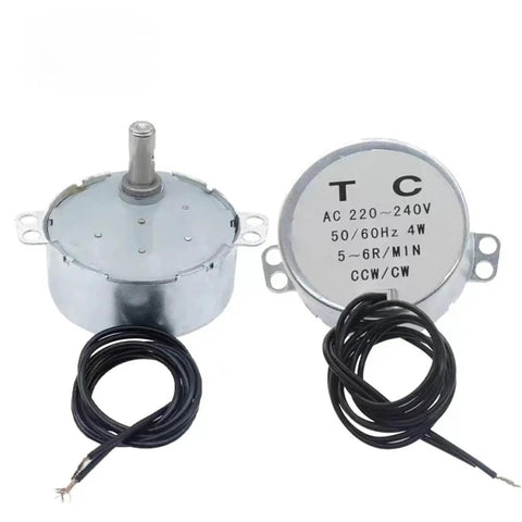 Heavy Duty AC 220V Synchronous Motor Running Like A Smooth Operator At 5 To 6 RPM With Serious 4 kgf Cm Torque For Microwave Trays And Reliable Fan Builds, showing metal casing and wire connections.
