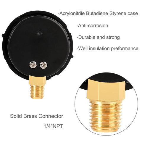 Rear view of UHARBOUR pool filter pressure gauge with bottom-mount brass 1/4-inch NPT connector