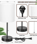 Two Pack Table Lamps With USB Ports And AC Outlet, White Fabric Shade Nightstand Lamps, detail of lamp components