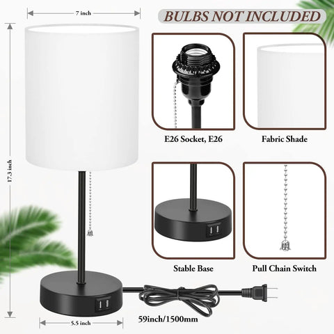 Two Pack Table Lamps With USB Ports And AC Outlet, White Fabric Shade Nightstand Lamps, detail of lamp components