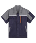 Men's Heavy Duty Mechanic Work Shirt Built Tough For The Daily Grind With Reflective Safety Stripes And Durable Zippered Front Short Sleeve Shop Uniform Jacket In Gray And Navy Blue, featuring zippered front and large pockets.