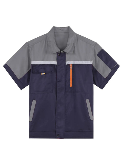 Men's Heavy Duty Mechanic Work Shirt Built Tough For The Daily Grind With Reflective Safety Stripes And Durable Zippered Front Short Sleeve Shop Uniform Jacket In Gray And Navy Blue, featuring zippered front and large pockets.