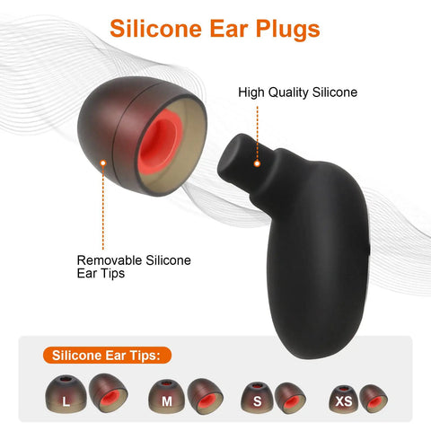 Reusable Silicone Ear Plugs For Sleeping And Noise Reduction 33 dB Snoring Travel Work Study And Concerts Comfortable Fit With 8 Tip Sizes XS S M L In Black, showing silicone construction and size options.