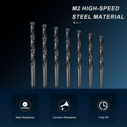 Premium M2 High Speed Steel Drill Bit Set 7 Piece Jobber Bits From 2.3Mm To 7.9MM With 135 Degree Split Point And Black Oxide Finish Totally Cranks Through Metal Wood Like Butter For Pro Mechanics. 7 M2 HSS drill bits with black oxide finish