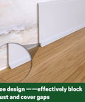 Self Adhesive 4 Inch Vinyl Baseboard Molding Peel And Stick Wall Base Cove Trim 40 Feet White Durable Vinyl Molding for Home Garage, showing side view with toe design against floor and wall.