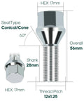 Diagram showing 12x1.25 Wheel Lug Nuts Set dimensions, 28mm shank, 17mm hex, conical seat type, silver steel bolts.