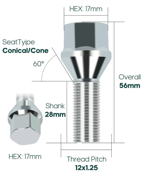 Diagram showing 12x1.25 Wheel Lug Nuts Set dimensions, 28mm shank, 17mm hex, conical seat type, silver steel bolts.