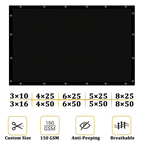 Heavy Duty 6 Ft By 25 Ft Privacy Screen For Fence, 170 GSM HDPE Shade Net Cover with brass grommets, UV black netting.