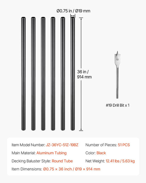 Straight Up Premium Aluminum Deck Balusters 51 Pack, 36 Inch Round Stair Spindles, showing six black aluminum tubes and a drill bit.