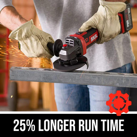 Person using PWR CORE 20 Brushless 20V 4 And A Half Inch Angle Grinder Kit With 5.0Ah Battery on metal