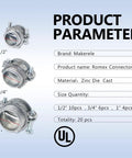 20 Piece Multi Size Connector Kit For Electrical Cables Includes One Half Inch Three Quarter Inch And One Inch Clamp Type Connectors UL Listed Zinc Alloy For Metallic Conduit Versatile For NM And SE Cable Pro Grade DIY Friendly product diagram with size details.