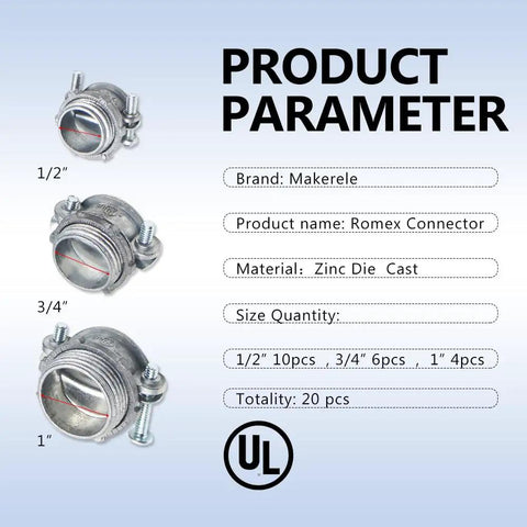 20 Piece Multi Size Connector Kit For Electrical Cables Includes One Half Inch Three Quarter Inch And One Inch Clamp Type Connectors UL Listed Zinc Alloy For Metallic Conduit Versatile For NM And SE Cable Pro Grade DIY Friendly product diagram with size details.