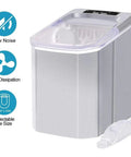 Portable Slick Countertop Ice Maker With Fast Bullet Ice Cubes Ready In Eight Minutes And 33 Pounds Daily For Kitchen Bar Or Game Room Chill Setup, compact silver design with control panel.