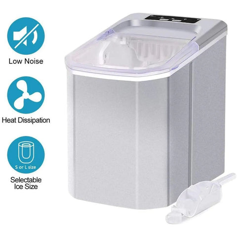 Portable Slick Countertop Ice Maker With Fast Bullet Ice Cubes Ready In Eight Minutes And 33 Pounds Daily For Kitchen Bar Or Game Room Chill Setup, compact silver design with control panel.