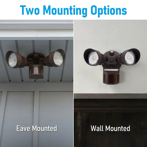 COB LED Outdoor Security Light with Motion Sensor mounted under eave and on wall, 180-degree detection, bronze finish.