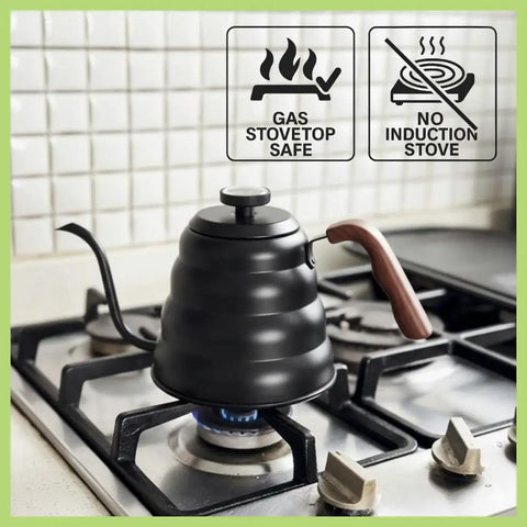 Gooseneck Pour Over Kettle With Built In Thermometer Pro Grade Stainless Steel Stovetop Kettle on gas stove, insulated handle visible.